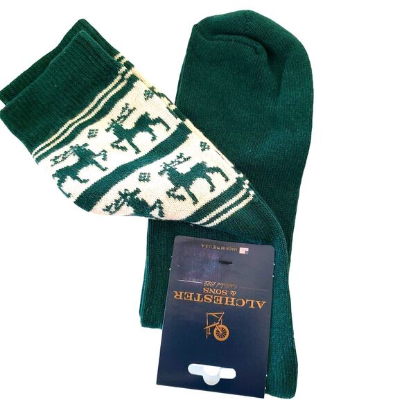 Green Rudolph Reindeer Socks Alchester Cashmere Wool Blend Mens Large Cozy Warm - Picture 4 of 5